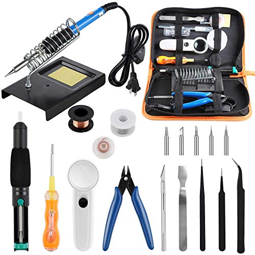 改良型半田ごてセット はんだごてセット温度調節可能(200-450℃)はんだごて 電気ハンダゴテ20-in-1 スイッチ付き 5個交換コテ先付き 拡大鏡付き 検電テスター付き 収納ケース付き 精密半田ごて はんだ付け 電子作業用 60W 110V 溶接キッ