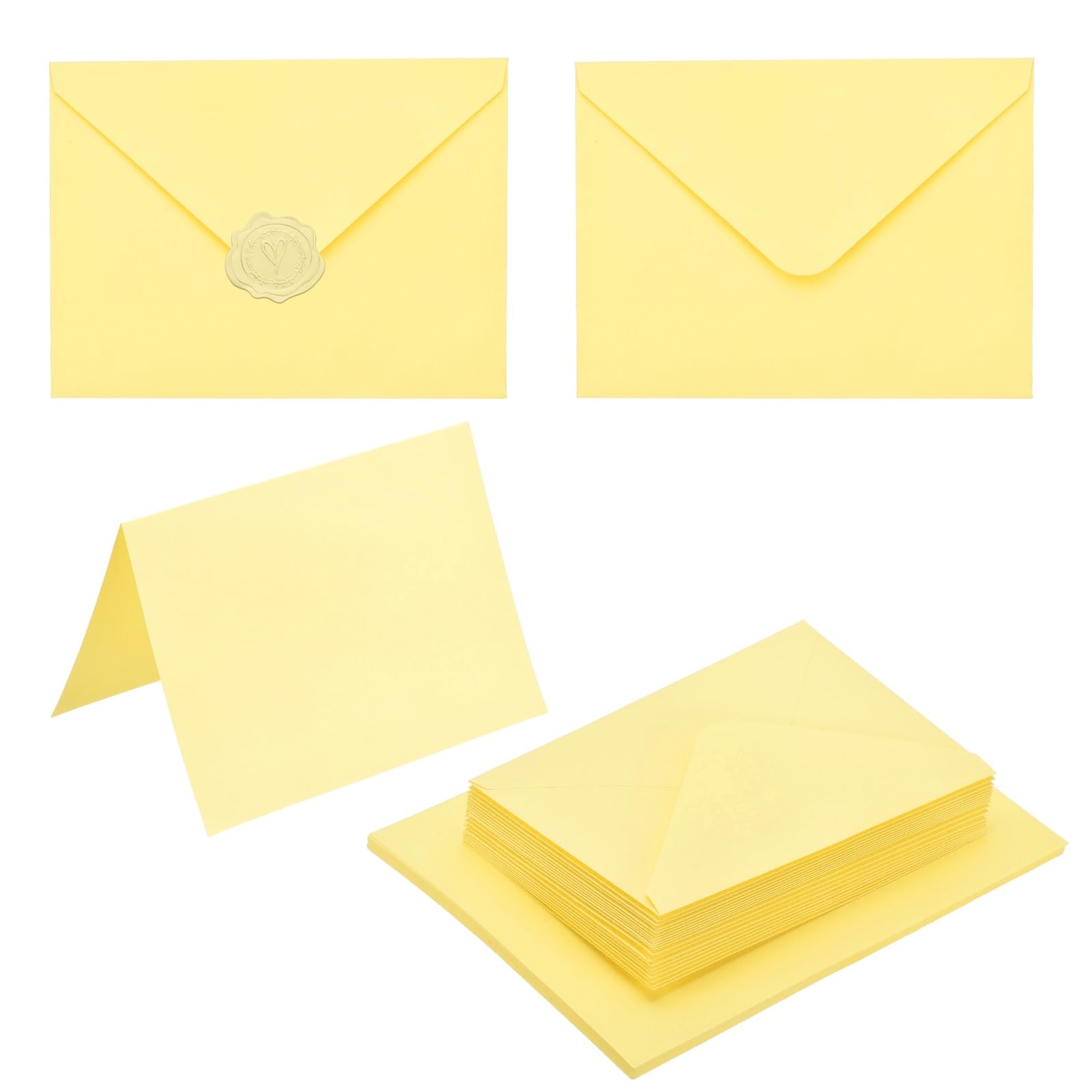 PATIKIL 50Pack Light Yellow 4x6 Envelopes with Cards, V Flap A6 Envelopes with Cardstock & Gold Stickers for Greeting Cards Wedding Greeting Birthday Invitations Letter Mailing — image 1