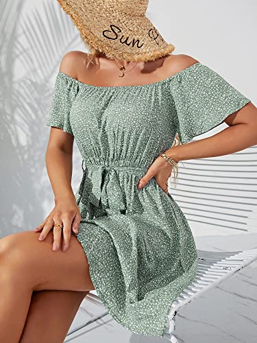 Image of Off Shoulder Ruffle Dress for Women, A-Line Mini Dress with Belt, Fitted Bust Summer Wedding Guest Dress