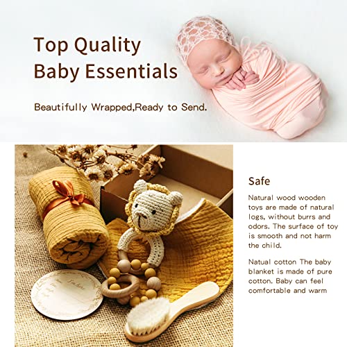 Image of New Born Baby Gift Basket, Baby Boys Girls Shower Gifts with Wooden Lion Rattle, 6PCs New Born Essentials Bath Set with Baby Brush,Blanket,Milestones Cards
