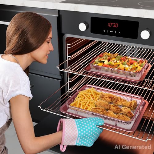 Image of Oven Air Fryer Basket and Tray, OPENICE 2 Set Air Fryer Basket and Tray for Oven with 60 Pcs Parchment Paper, Air Fryer Pan Crisper Tray for Baking, Crisping - Pink