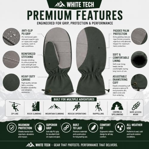 Image of White Tech Rappelling Mitten Gloves (1Pair) Slithering Mittens Gloves Heavy-Duty Leather Anti-Slip Lightweight Perfect for Zip line Climbing Activities & Military Training
