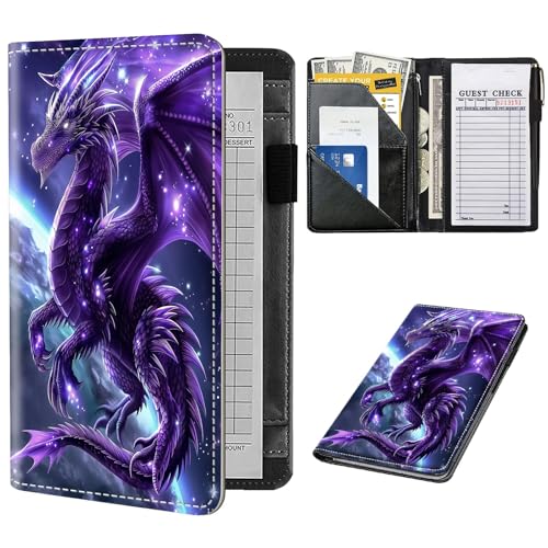 Server Book for Waitress, Cute Serving Books with Zipper Pocket, Leather Server Check Book Ticket Book Holder, Restaurant Waitress Accessories Server Booklet Organizer,Majestic Purple Dragon