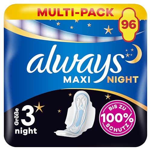 Always Maxi Night Binden Mit Flügeln (Größe 3) 12 Stück, Bis zu 100% Schutz, einzeln verpackt