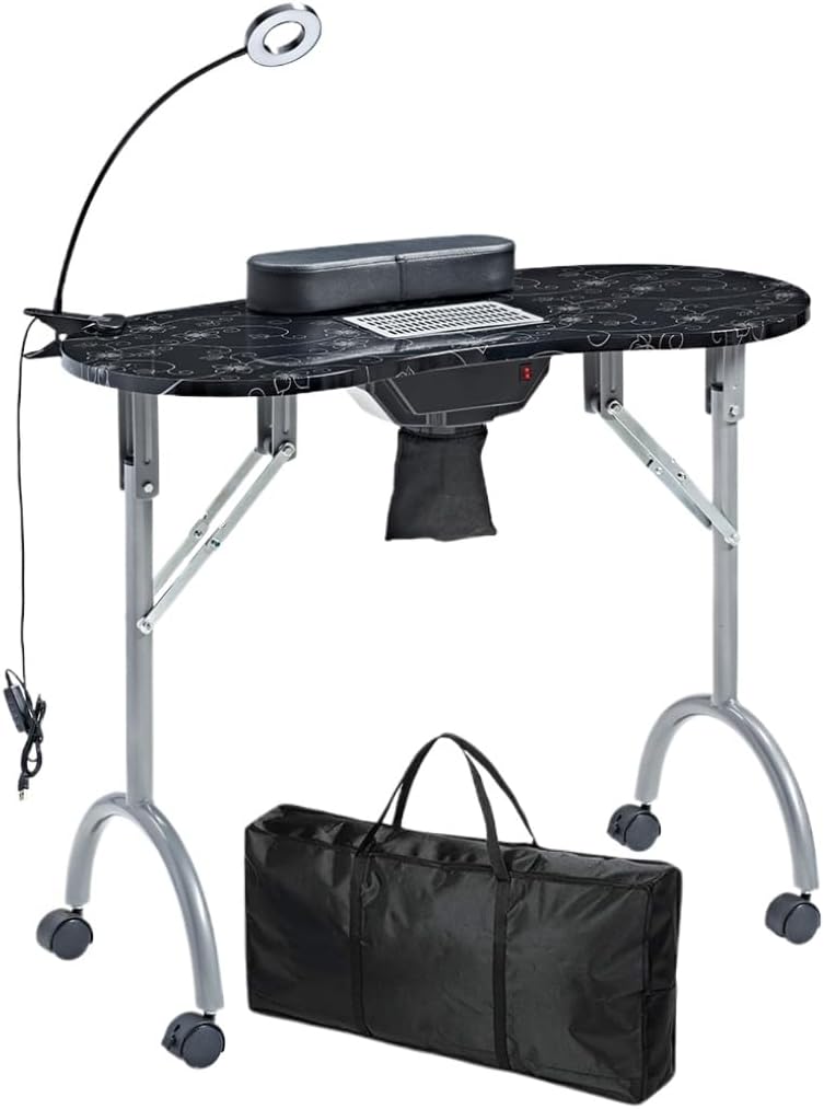 LOVELOGY Portable Manicure Table，Nail Desk 4 Lockable with Wheels,Manicure Desk for Nail Tech with LED Light & Dust Collector,Black