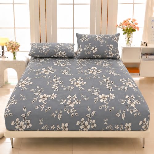 Image of VOMZER Elastic Fitted Warm Flannel Bedsheet King Size Warm Velvet Bedsheet for Winter Double Bed | 2 Pillow Covers, Size - 72 x 78 x 8 Inches (Grey Floral)