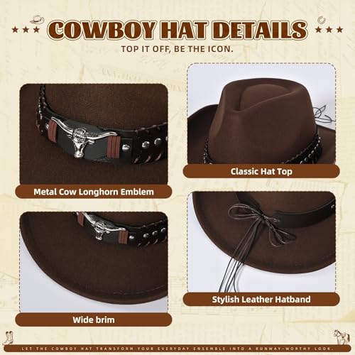 Image of Classic Western Cowboy Hat Cowgirl Hat Unisex Men's & Women's Wide Brim Felt Fedora Hat Flat Top with Buckle Belt