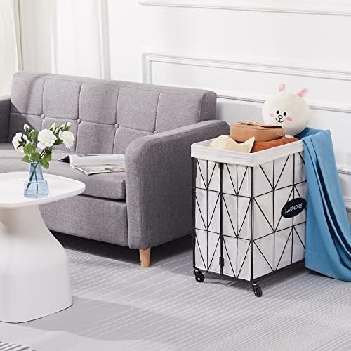 Miniatura 3 de Mxfurhawa Cesta plegable para la ropa sucia con ruedas, capacidad y forro extraíble, marco de metal resistente para almacenamiento y transporte de