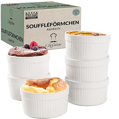 Chefarone recipientes para Soufflé aptos para horno - Cuencos de cerámica para Creme Brulee para hornear y servir - Cuenco resistente al fuego de 200 ml - Conjunto blanco juego de 6 (9x4,5CM)