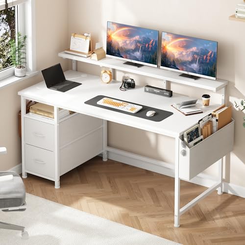 Klyvvo 140 x 48 Bureau avec Rangement 2 Tiroirs et Poche latérale, Bureau avec Support de Moniteur, 2 Crochet pour Casque et Passe-câble Adapté aux...