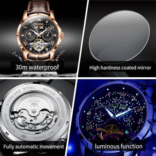 Image of OLEVS Mens Automatic Watches Self-Winding Starry Sky Diamond Skeleton Luxury Wrist Watch Waterproof Luminous