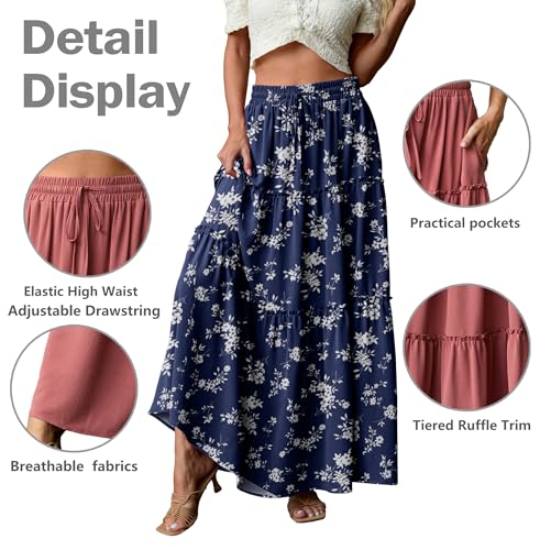 Image of Lepunuo Womens Casual Boho High Waisted Flowy Maxi Skirts Tiered Floral Long Skirts with Pockets for Summer Beach Vacation