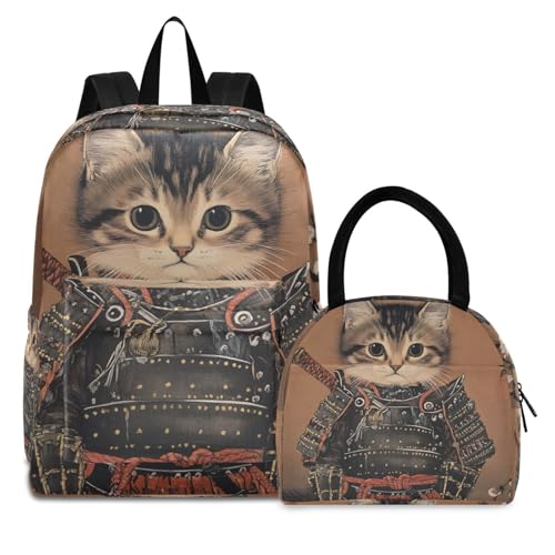 Backpack Lunch Box Set Large Capacity Travel Backpacks and Insulated Lunch Bag for Commute Hiking Picnic Cute Cat Samurai Print