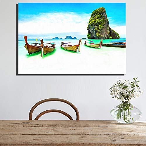 yaoxingfu Sin Marco Sin Marco Azul Fresco Paisaje de Playa decoración del hogar póster sin Marco impresión Digital Barco 40x60cm