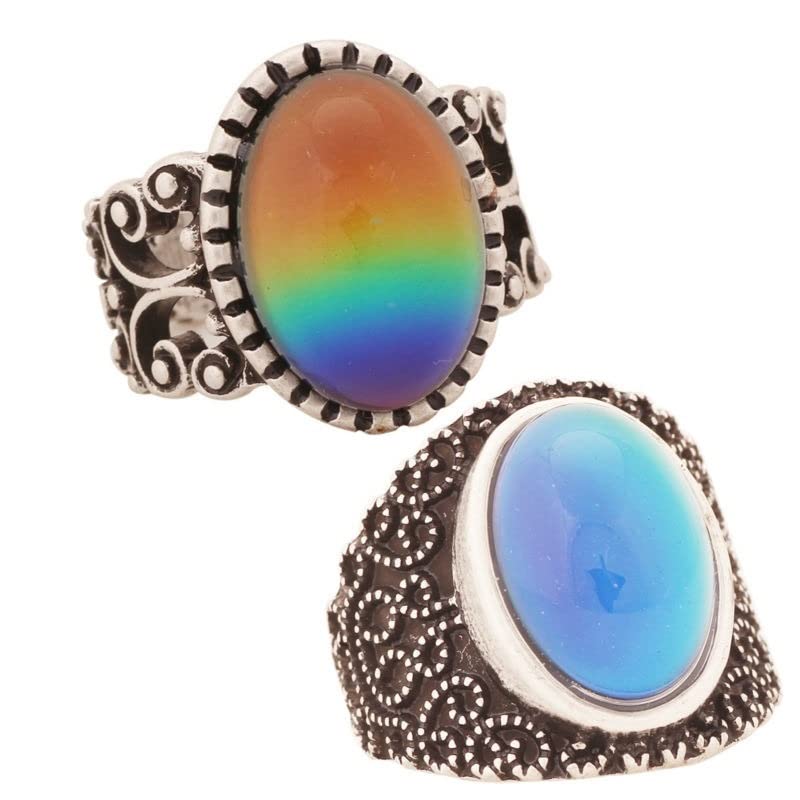 LOKILOKI 2 Uds Anillos De Estado De Ánimo Que Cambian De Color Chapados En Plata Antigua Que Cambian La Temperatura del Color Conjunto De Anillos De Sensación De Emoción para Mujeres/Hombres