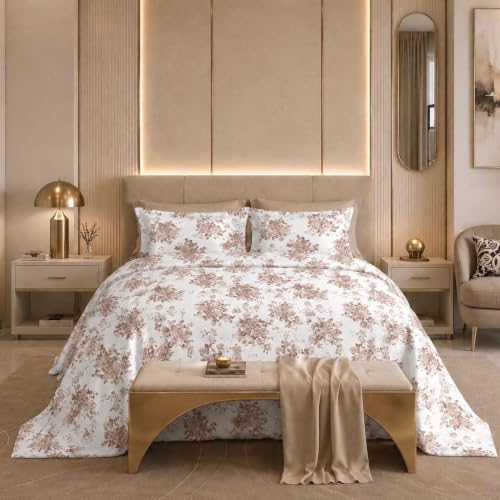 Image of Jaipur Weaves Cotton King Size Bedsheet 108x108 Super King, 100% Pure Cotton Bed Sheet with 2 Pillow Covers, 300 TC Soft Breathable Floral Design Bedding (Brown Meadows, Super King)