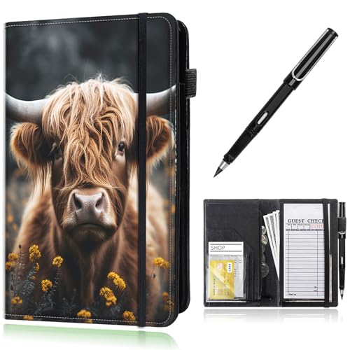 Server Book,Waitress Book,Waiter Book Server Organizer with Zipper Pocket,Leather Waitress & Waitstaff Book Wallet with Card Slot Guest Check Holder 9 x 5 Inch Server Book,Highland Cow Cattle