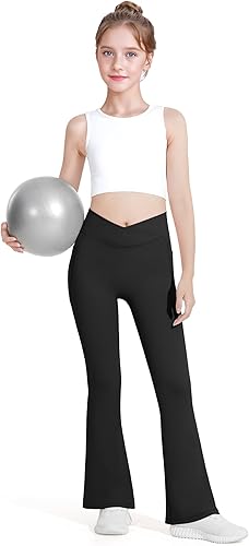 Miniatura 4 de HASMES Leggings acampanados para niñas con bolsillos, parte inferior acampanada, cintura alta, pantalones de yoga para danza, ropa deportiva
