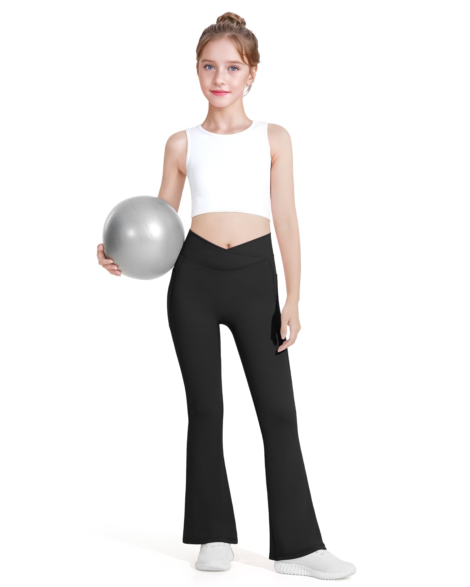 HASMES Leggings acampanados para niñas con bolsillos, parte inferior acampanada, pantalones de yoga acampanados de cintura alta para bailar ropa deportiva