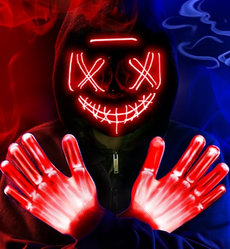 Letosan Halloween LED Light Up Purge Mask & Gloves, 3 Modes, Kids-Adults, Unisex, Female