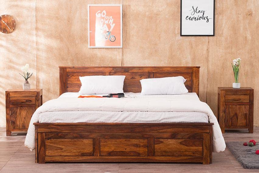 Image of Sheesham Wood King Size Bed with Open Dual Storage for Bedroom Home Wooden Double Bed Cot Palang for Living Room and Hotels (Honey Finish) | 1 Year Warranty
