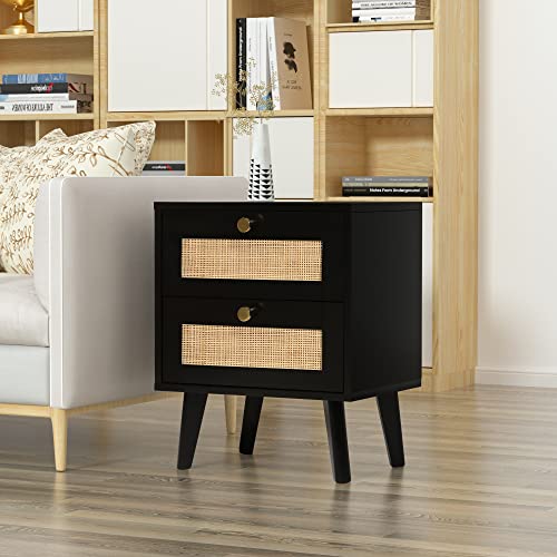 Anmytek Black Nightstand, Farmhouse Rattan Nightstand Wood Bedside Table With 2 Drawers Mid Century Modern Nightstand End Table For Bedroom Living Room Dorm, H0066 #TOP15