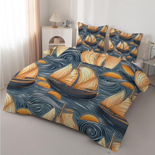 Boceoey Velero Edredón Cama 90 Navegación - Edredón Reversible 4 Estaciones de Microfibra, Diseño Océano Abstracto, Suave y Transpirable Relleno Nórdico 180x220 cm y 2 Fundas de Almohada AX-577
