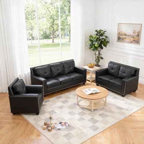 Image of Sofa and Loveseat Set, Faux Leather Living Room Set with Nailhead Trim, 3 Piece Living Room Furniture, Modern 3-Seater Sofa + 2-Seater Loveseat + Accent Chair Sets, for Home Office, Black