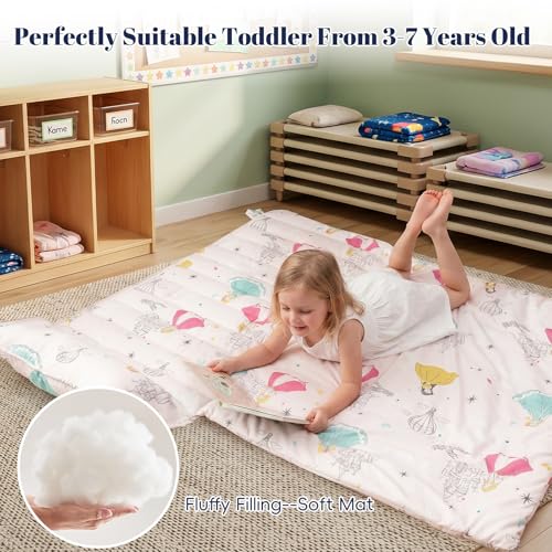 Image of PHF Soft Toddler Nap Mat with Removable Pillow, Rollup Design Kids Sleeping Mat, Slumber Bags for Girls, 55 inchx23 inch Toddler Sleeping Bag for Daycare Preschool Travel Camping, Princesses