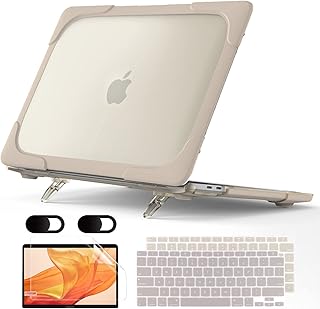 MEEgoodo for MacBook Air 13 inch Case 2021 2020 2019 2018 Release A2337 M1 A2179 A1932 with Touch ID, Heavy Duty Rugged Shockproof Plastic Hard Shell with Fold Kickstand for MacBook Air 13.3, Khaki