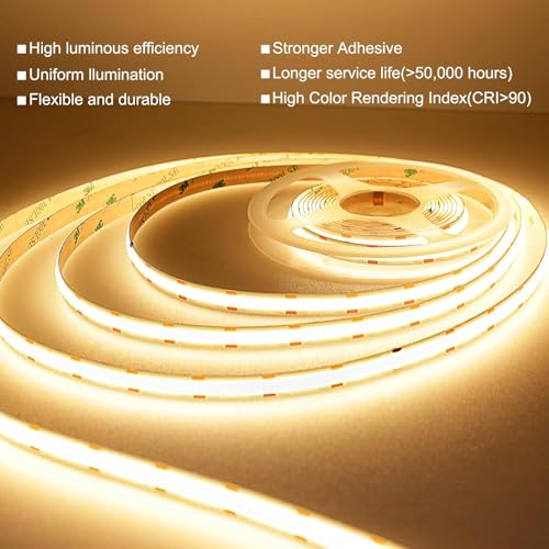 TTWAY COB LED Streifen 5M, Dimmbare LED Strip Warmweiss 3000K, 24V LED Streifen Licht, 480LEDs/M, CRI92, 8mm Breite, mit Fernbedienung und Netzteil für DIY Heimdekoration, Küche, Spiegel.