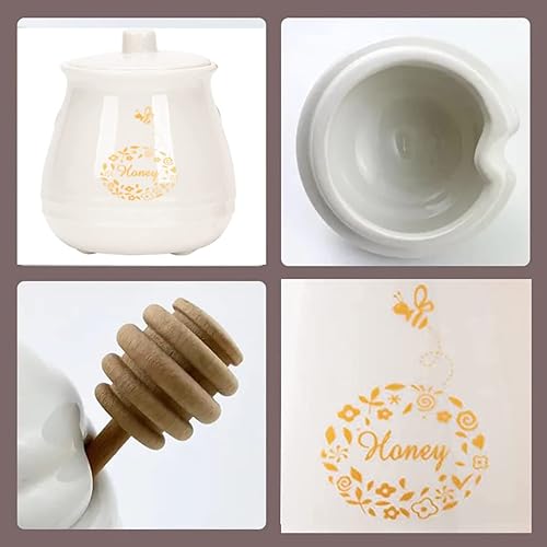 Miniatura 5 de Kosmeey Tarro de miel de cerámica con cuchara de miel de madera, maceta de miel con cuchara, tarro de miel con soporte, decoración de gran abeja,