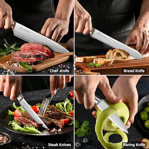 Image of KEEMAKE 14-Piece Knife Set with Block,Ultra Sharp Knife Block Set High Carbon Stainless Steel Kitchen Knife Set Professional Chef Knife Set with Ergonomic Pakkawood Handle and Sharpener