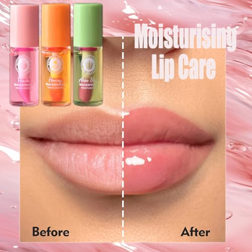 Plumping Lip Gloss, Moisturizing Glossy Lip Oil Tinted, Hydrating Lip Balm Clear Lipgloss Makeup, 3 PCS Fruit Fragrant Lip Oil Moisturizer Lipgloss Plumper Set for Girls & Women(Mini Size) - Image 3