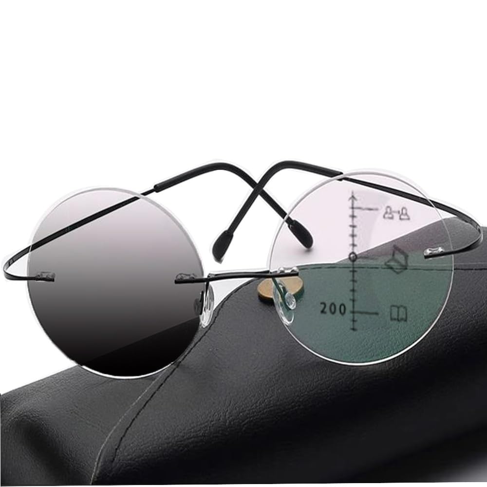 DOUKI Runder Rahmenlose Lesebrillen Für Herren Damen Photochrome Sonnenbrille Progressive Multifokus Brille Ultraleichte Metall +2.0 (Color : Black, Size : +2.5)