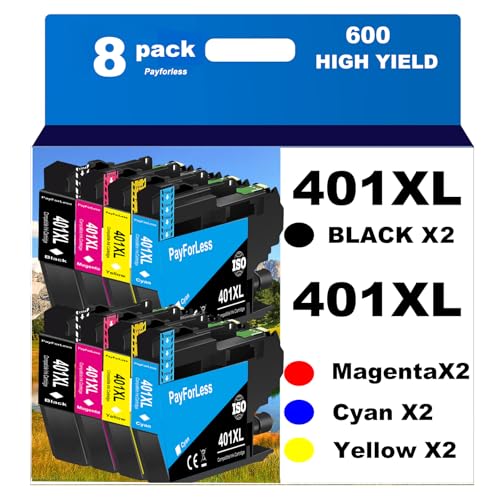 PFL LC401XL Ink Cartridges for Brother Printer Compatible LC401 Ink Cartridges for MFC-J1010DW MFC-J1012DW MFC-J1170DW Printer 8 Pack (2 Black, 2 Cyan, 2 Magenta, 2 Yellow) Not Original Ink Cartridge