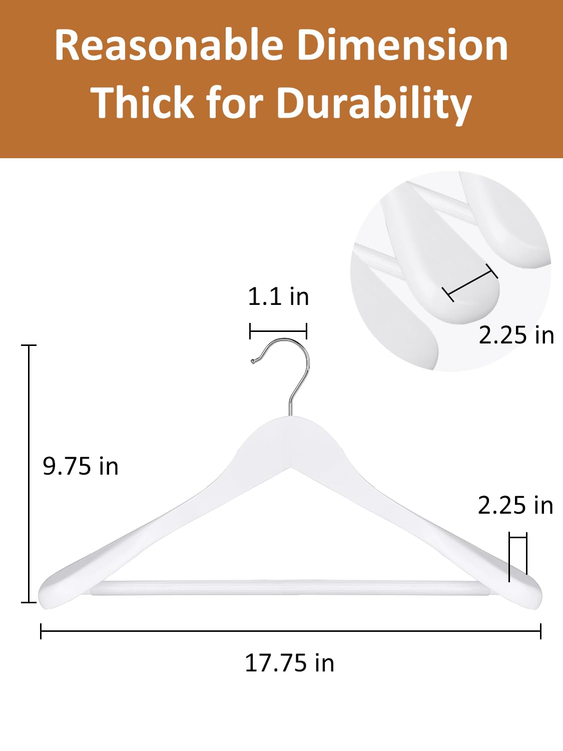 AMKUFO Perchas de madera de hombro ancho, paquete de 8 perchas con barra antideslizante para pantalones, perchas de madera resistentes con acabado suave, gancho giratorio de 360° para suéter, chamarra