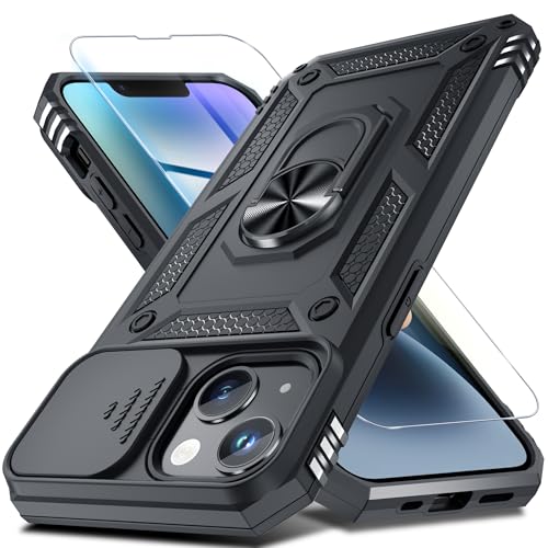 Janmitta Case for iPhone 14 & iPhone 13 Phone Cover Built in Slide Camera Lens Cover+Screen Protector Heavy Duty Shockproof Full Body PhoneCase with Finger Ring Holder Kickstand Black