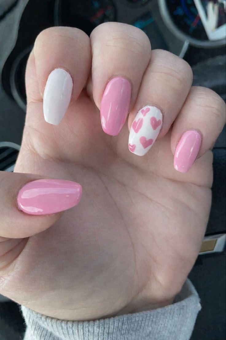 Press-On Nails Pink and White with Heart Design, Coffin Shape | Reusable, Valentine's Style, Short Length, Glossy Finish, Easy Application-image-40