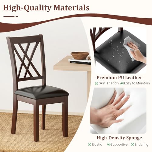 Image of COSTWAY Wooden Dining Chairs Set of 4 with PU Leather Padded Seat, Walnut | Farmhouse Armless Kitchen Side Chair with Rubber Wood Frame & High Back for Dining Room, Living Room and Restaurant
