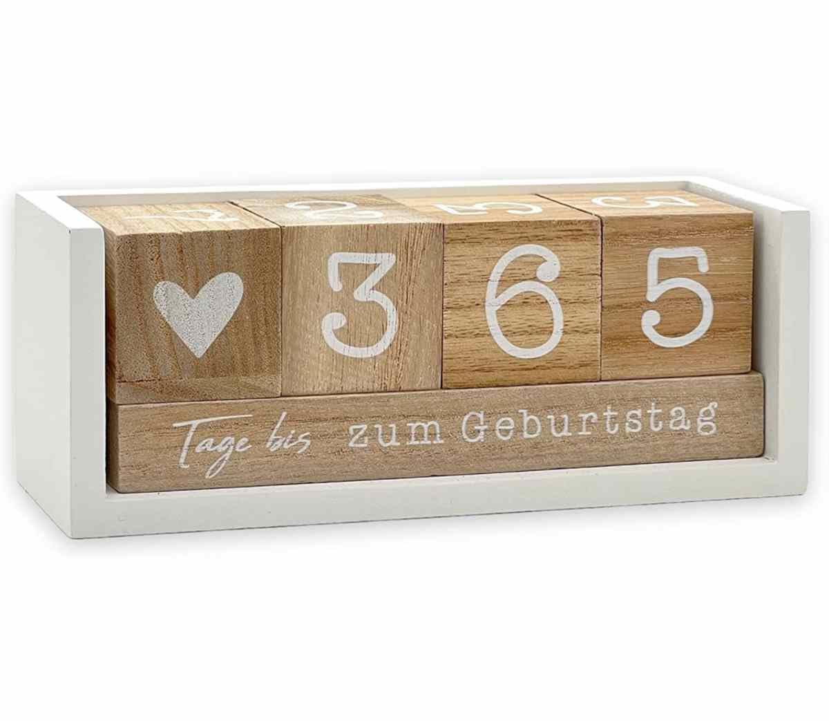 Jahres Countdown Kalender, nachhaltiger Holz-Tischkalender, Dauerkalender, Tagezähler Holz-weiß, 100% Holz (MDF), in Fenster-Box, Geburtstag, Silvester, Jahrestag, Rente, Urlaub, Geburt
