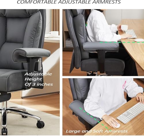 Image of Efomao Ergonomic Office Chair 450LBS with Foot Rest, High Back PU Leather Executive Office Chair with Adjustable Armrests, Lumbar Support for Home or Work, Computer Chair, Grey
