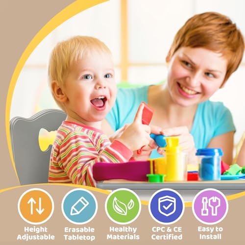 Image of FUNLIO Kids Table and 4 Chairs Set for Ages 3-8, Height Adjustable Toddler Table and Chair Set, Easy to Wipe Arts & Crafts Table, for Classrooms /Daycares /Homes, CPC & CE Approved (5-Piece Set) - Gray