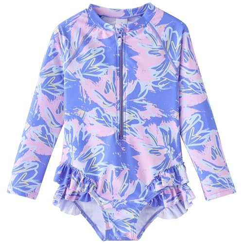 Image of UMELOK Girls Long Sleeve Rash Guard One Piece Swimsuits UPF 50+ Ruffle Zipper Bathing Suit 4-10 Years