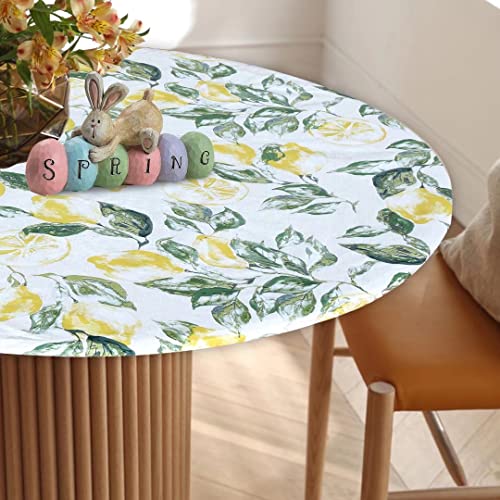 Fitable Yellow Lemon Fitted Table Cover - Waterproof Spring&Summer Elastic Edged Tablecloth Vinyl Wipeable Table Cloth For Dining Table, Dinner, Party, Family Gathering (Fit For 45"-56" Round Tables) #TOP5