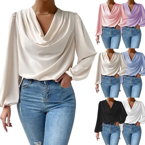 TAITUS Camisa de Manga Larga de Gasa, Camisas Casuales holgadas con Cuello en V, Blusa de Gasa Sedosa para Mujer, Camisas Elegantes de Gasa holgadas con frunces en el Frente drapeado (XXL,Apricot)