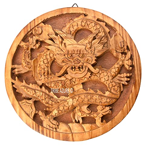 Tribe Azure Fair Trade Wood Carved Wall Haging, Wall Decor, Wall Art, Decorative, Animal, Rustic, Home, Living Room Accent (Round Dragon Medium)