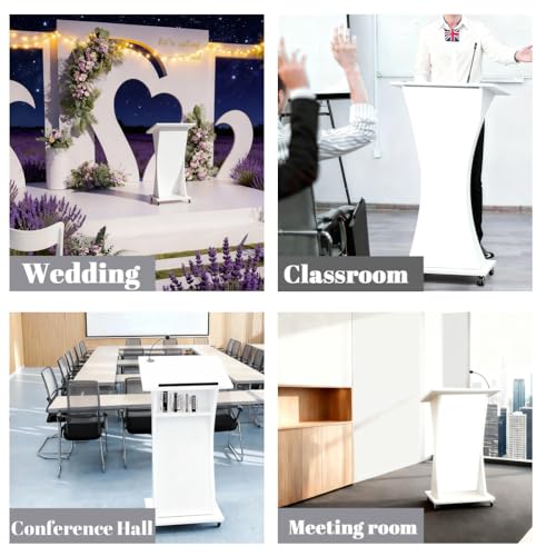 Image of Portable Rolling Wooden Podium Stand with Lockable Wheels, 42.5 inch Height, Lightweight White Lectern for Churches, Presentations & Events, Mobile Pulpit for Easy Use