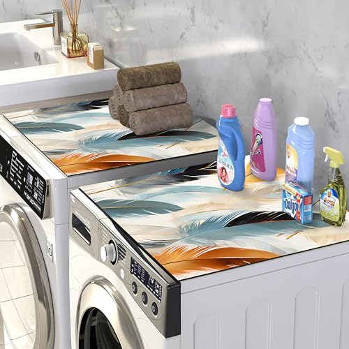 Image of Yellow Weaves Washer & Dryer Cover for Top, 60 x 60 cm, Washing Machine Top Protector Mat for Kitchen /Laundary Room, Water Absorbing, Dustproof, Scratch Resistant & Non-Slip (Feather Multi)