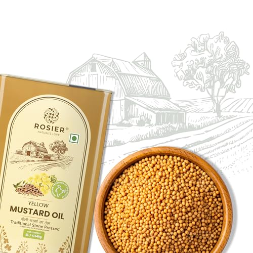 Image of ROSIER Stone Pressed Organic Yellow Mustard Oil 5 L | Traditional Stone Pressed Single Filtered Cooking Oil | Kolhu /Kacchi Ghani /Chekku | Pure, Natural and Healthy Mustard Oil 5 Litre